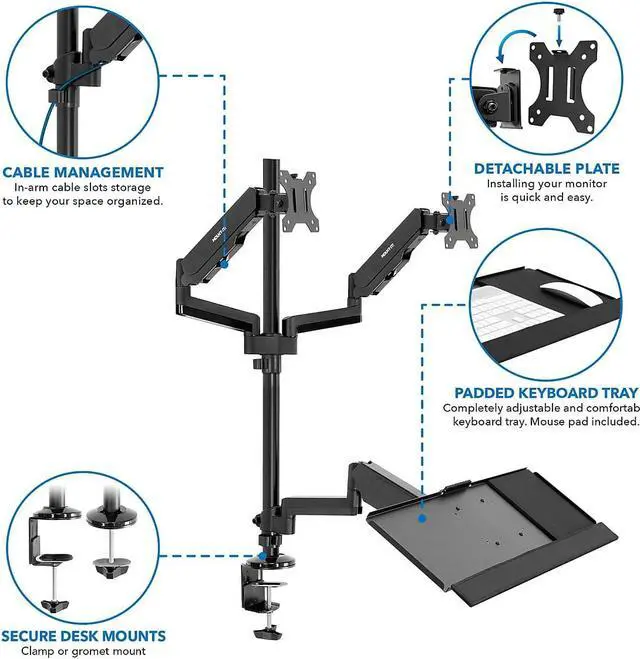Alt view image 7 of 11 - Mount-It! Dual Monitor Standing Gaming Desk Mount with Keyboard Tray | Fits Up to 32" Screens