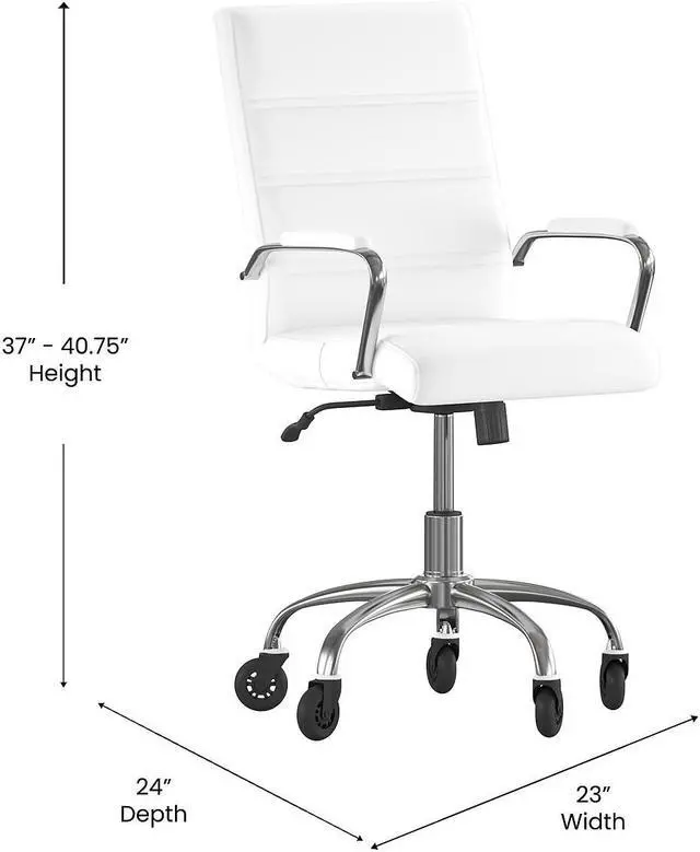 Alt view image 9 of 20 - Camilia Mid-Back White LeatherSoft Executive Swivel Office Chair with Chrome Frame, Arms, and Transparent Roller Wheels