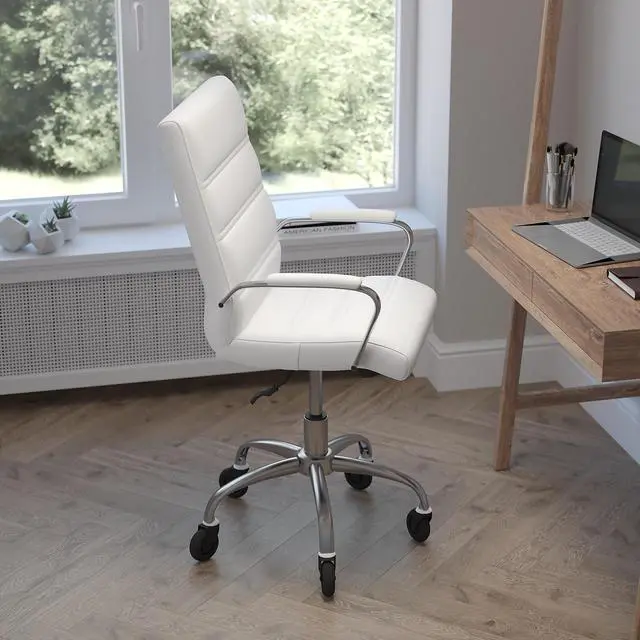 Alt view image 12 of 20 - Camilia Mid-Back White LeatherSoft Executive Swivel Office Chair with Chrome Frame, Arms, and Transparent Roller Wheels