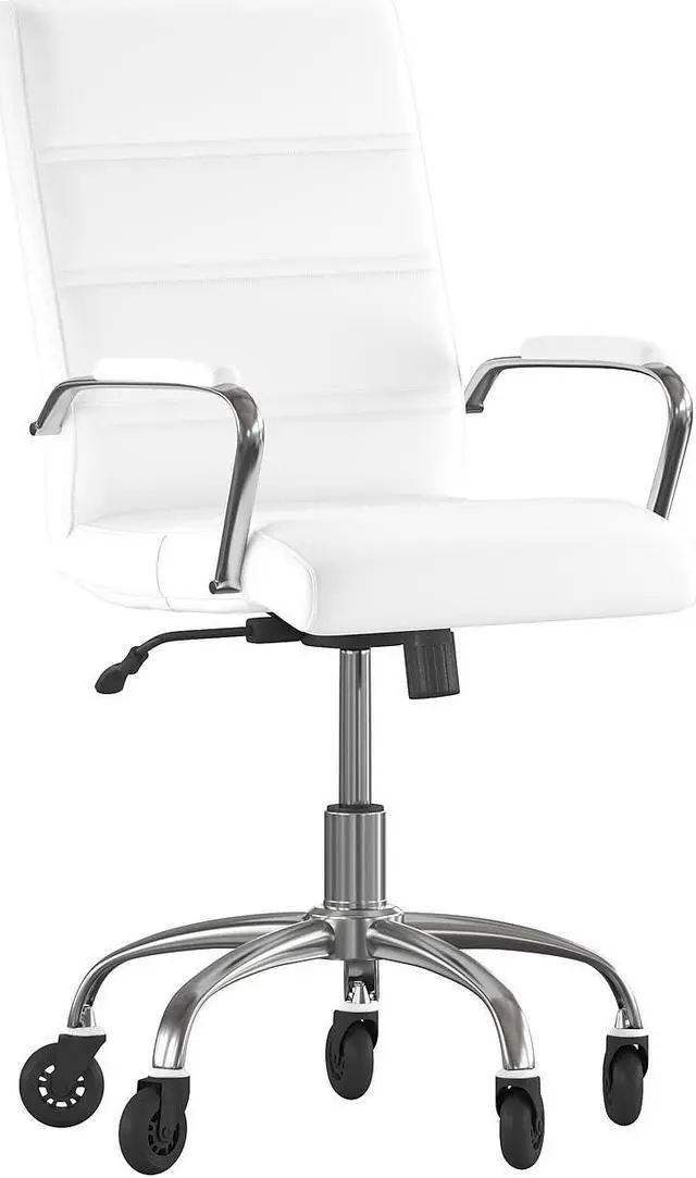 Alt view image 6 of 20 - Camilia Mid-Back White LeatherSoft Executive Swivel Office Chair with Chrome Frame, Arms, and Transparent Roller Wheels