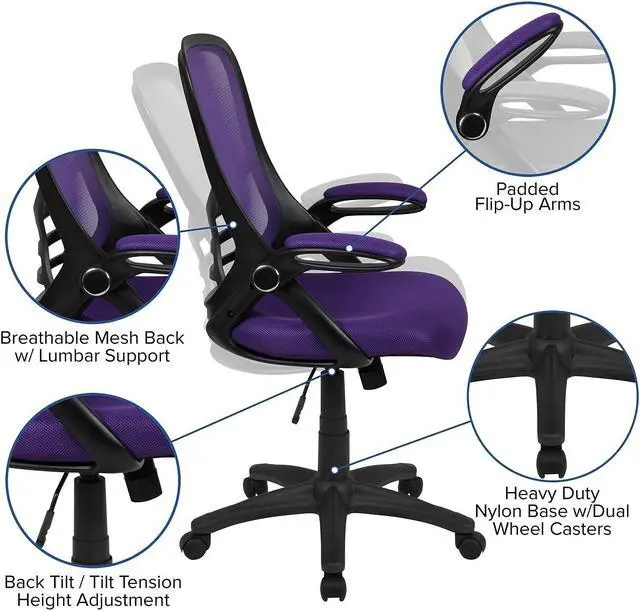 Alt view image 6 of 20 - Flash Furniture Porter Ergonomic Mesh Swivel High Back Office Chair Purple/Black (HL00161BKPUR)