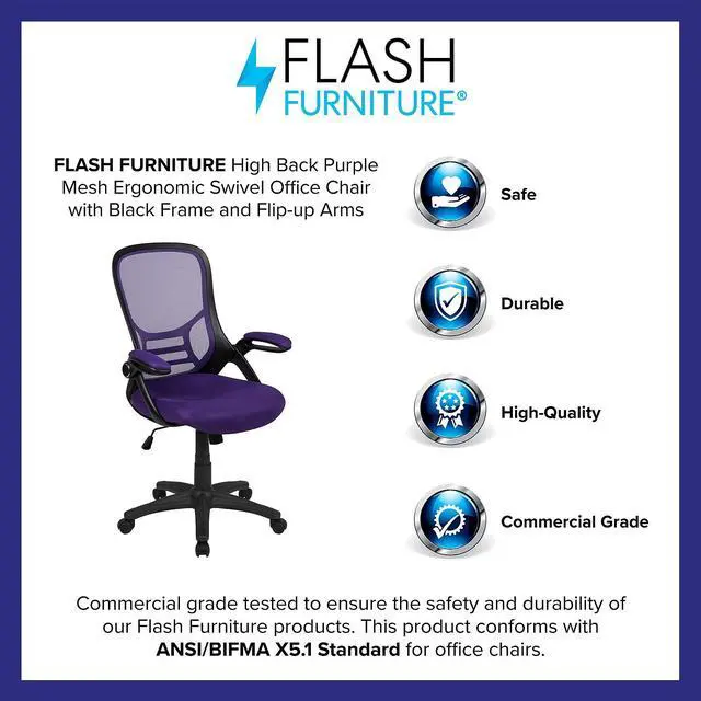 Alt view image 4 of 20 - Flash Furniture Porter Ergonomic Mesh Swivel High Back Office Chair Purple/Black (HL00161BKPUR)