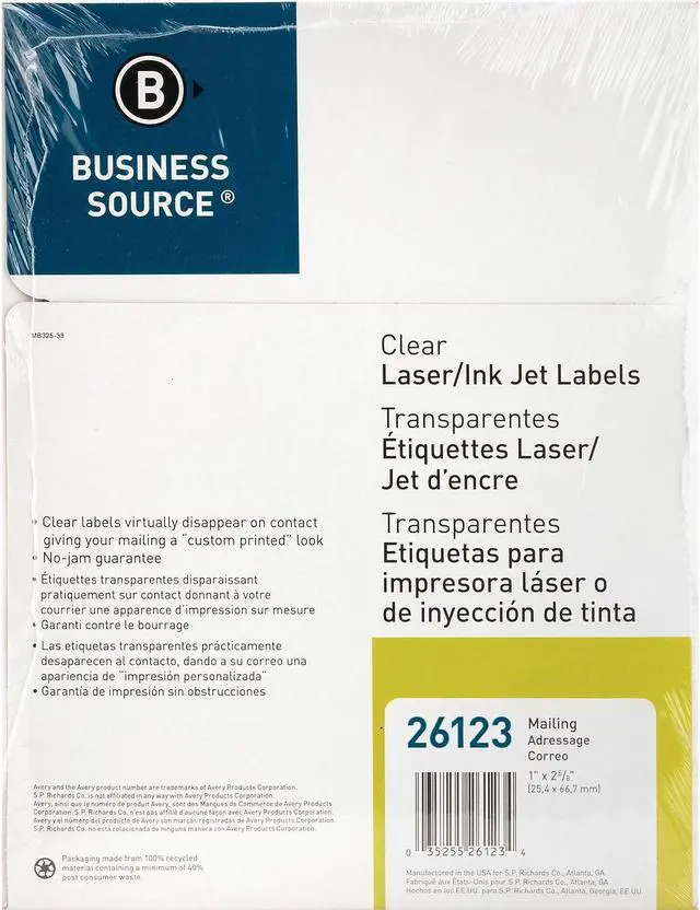 Alt view image 3 of 12 - Business Source Mailing Labels Laser 1"x2-3/4" 1500/PK Clear 26123