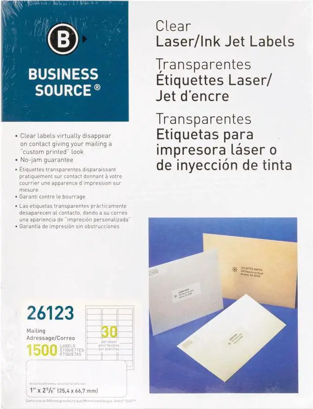 Alt view image 2 of 12 - Business Source Mailing Labels Laser 1"x2-3/4" 1500/PK Clear 26123