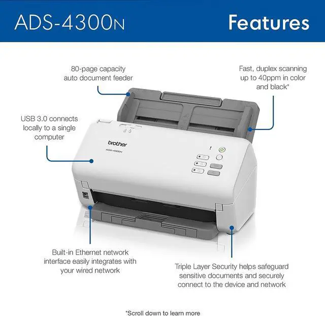 Alt view image 3 of 9 - Brother ADS4300N 24 bit Dual CIS 600 x 600 dpi Sheet Fed Professional Desktop Scanner