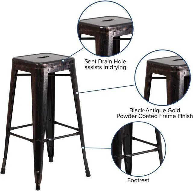 Alt view image 6 of 15 - Flash Furniture 30" High Backless Black-Antique Gold Metal Indoor-Outdoor Barstool with Square Seat 4 Pack (4CH3132030BQ)