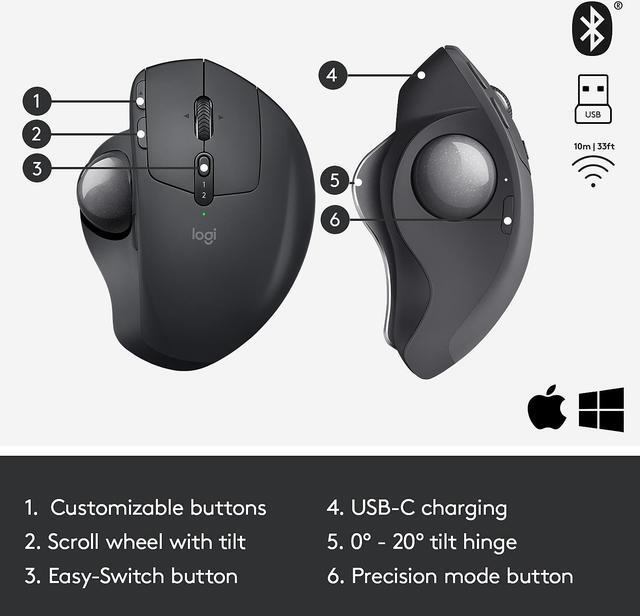 Alt view image 6 of 14 - Logitech MX Ergo Wireless Trackball Mouse Adjustable Ergonomic Design, Control and Move Text/Images/Files Between 2 Windows and Apple Mac Computers (Bluetooth or USB), Rechargeable, Graphite - Black