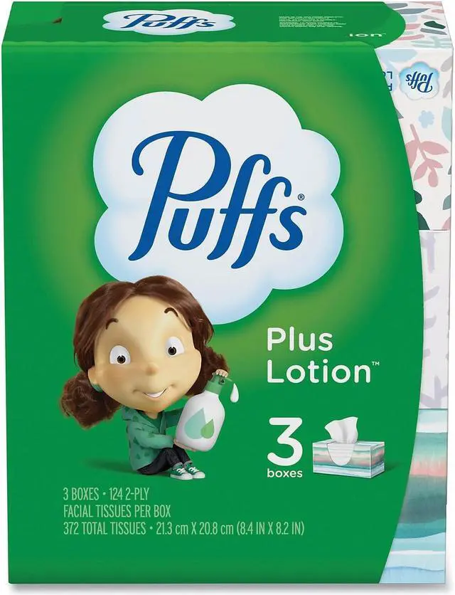 Alt view image 5 of 10 - Puffs Plus Lotion Facial Tissues; 3 Family Boxes 124 Tissues per Box