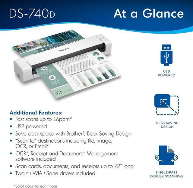 Alt view image 3 of 20 - Brother DSmobile DS-740D 48 bit int./ 24 bit ext. Dual CIS 600 x 600 dpi Duplex Mobile Scanner with Desk Saving Design