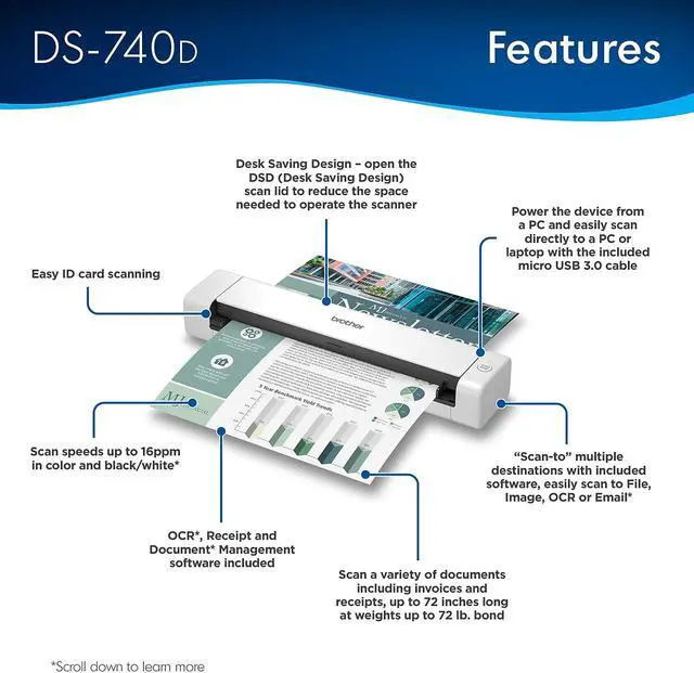 Alt view image 5 of 20 - Brother DSmobile DS-740D 48 bit int./ 24 bit ext. Dual CIS 600 x 600 dpi Duplex Mobile Scanner with Desk Saving Design