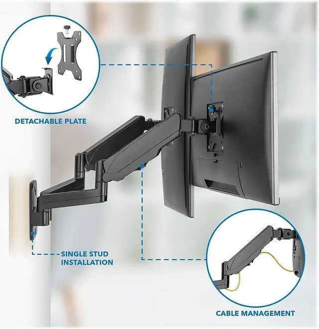 Alt view image 8 of 11 - Mount-It! Adjustable Dual Monitor Wall Mount Up to 32" Black (MI-1766B)