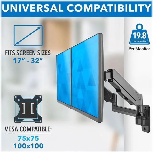 Alt view image 9 of 11 - Mount-It! Adjustable Dual Monitor Wall Mount Up to 32" Black (MI-1766B)