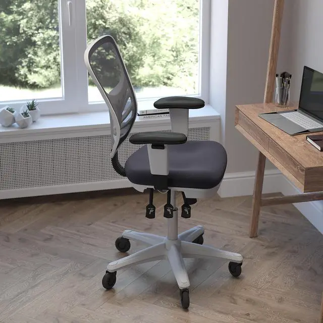 Alt view image 13 of 20 - Nicholas Mid-Back Dark Gray Mesh Multifunction Executive Ergonomic Chair with Adjustable Arms, Transparent Roller Wheels, and White Frame