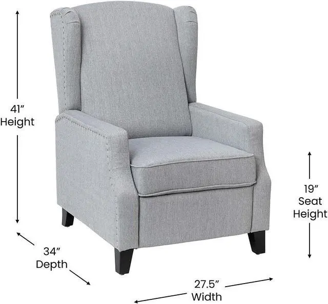 Alt view image 17 of 20 - Prescott Traditional Style Slim Push Back Recliner Chair-Wingback Recliner with Gray Polyester Fabric Upholstery-Accent Nail Trim