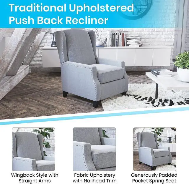 Alt view image 16 of 20 - Prescott Traditional Style Slim Push Back Recliner Chair-Wingback Recliner with Gray Polyester Fabric Upholstery-Accent Nail Trim