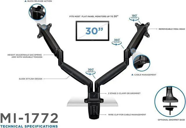Alt view image 10 of 20 - Mount-It! Height Adjustable Dual Monitor Desk Mount Arms for 13" to 32" Monitors Black (MI-1772-BLACK)