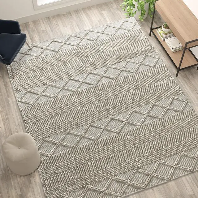 Alt view image 17 of 19 - 8' x 10' White & Ivory Geometric Design Handwoven Area Rug - Wool/Polyester/Cotton Blend