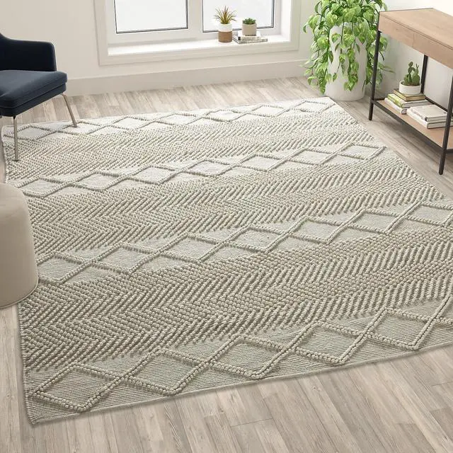 Alt view image 14 of 19 - 8' x 10' White & Ivory Geometric Design Handwoven Area Rug - Wool/Polyester/Cotton Blend