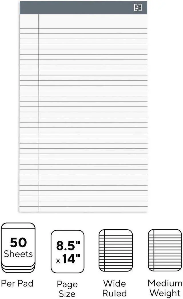 Alt view image 3 of 10 - TRU RED Notepads 8.5" x 14" Wide Ruled White 50 Sheets/Pad 12 Pads/Pack TR57372