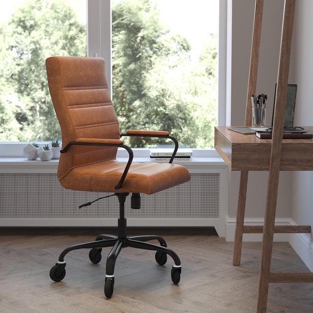 Alt view image 11 of 20 - Whitney High Back Brown LeatherSoft Executive Swivel Office Chair with Black Frame, Arms, and Transparent Roller Wheels