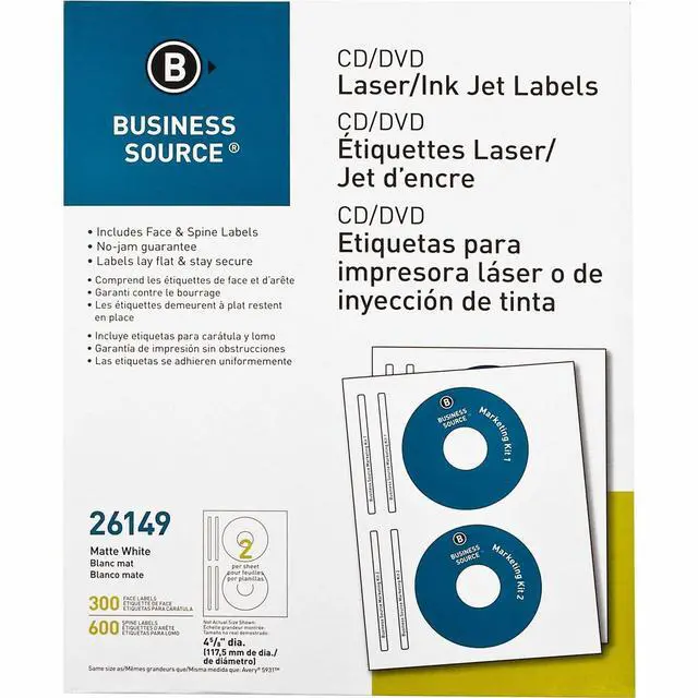 Main image of Business Source CD/DVD Labels Laser/inkjet 300/PK White 26149