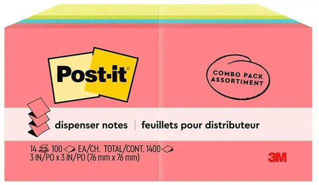 Alt view image 16 of 20 - 3M R33014YWM Pop-Up Note Pad Refills, 3 x 3, 7 Canary Yellow & 7 Asst. Brights 100-Sheet Pads