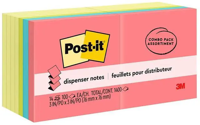 Alt view image 15 of 20 - 3M R33014YWM Pop-Up Note Pad Refills, 3 x 3, 7 Canary Yellow & 7 Asst. Brights 100-Sheet Pads