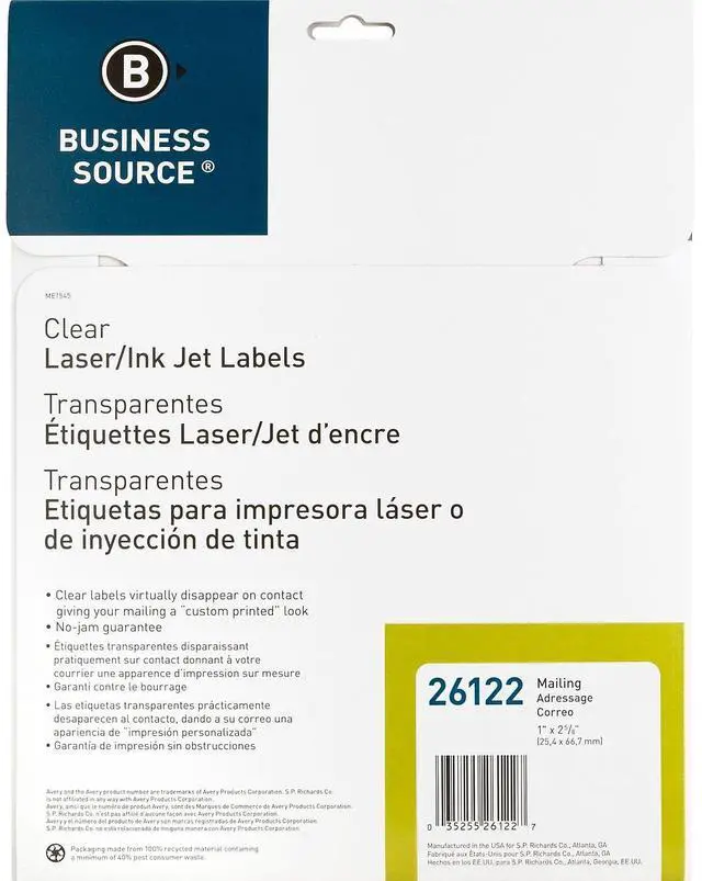 Alt view image 12 of 13 - Business Source 26122 Clear Mailing Label 1" Width x 2.75" Length - 750 / Pack - Laser - Clear