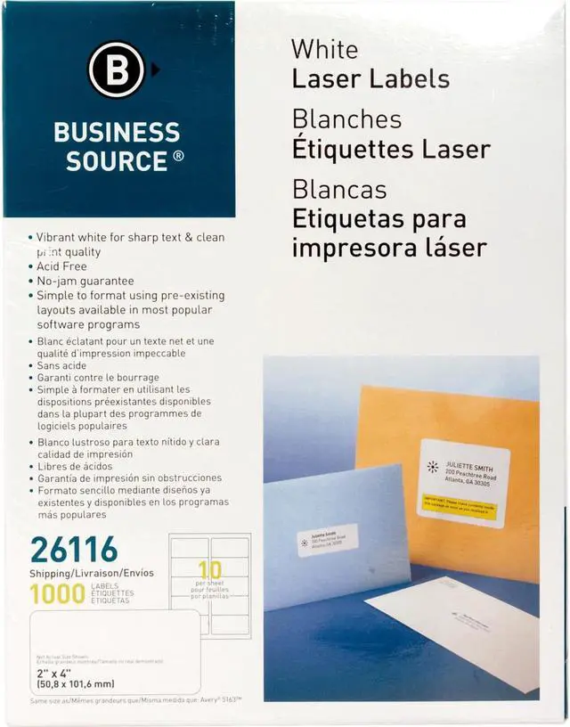 Main image of Business Source Mailing Labels Shipping Laser 2"x4" 1000/PK White 26116