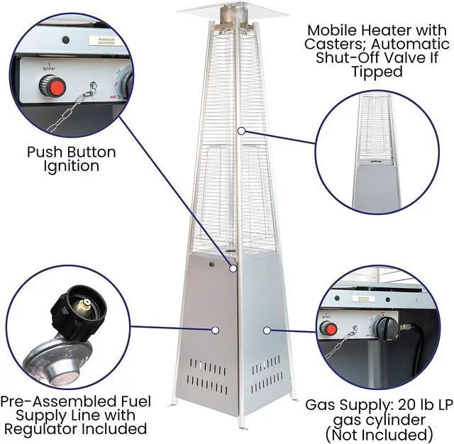 Alt view image 13 of 20 - Patio Outdoor Heating-Silver Stainless Steel Pyramid 42,000 BTU Propane Heater with Wheels for Commercial & Residential Use