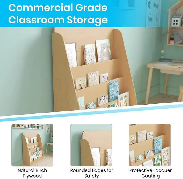 Alt view image 16 of 20 - 4 Shelf Single-Sided Kids Natural Wooden Book & Magazine Display Stand - Safe, Kid Friendly Design for Commercial or Home Use