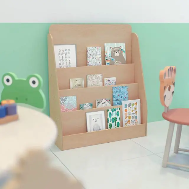 Alt view image 18 of 20 - 4 Shelf Single-Sided Kids Natural Wooden Book & Magazine Display Stand - Safe, Kid Friendly Design for Commercial or Home Use