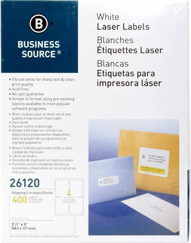 Main image of Business Source Mailing Labels Shipping Laser 3-1/2"x5" 400/PK White 26120