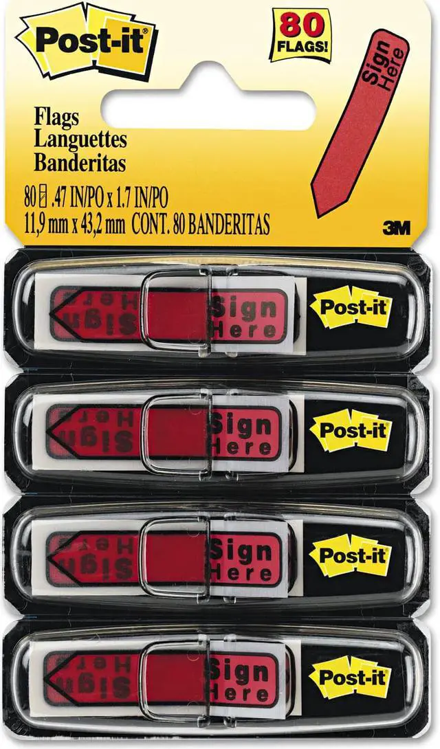 Main image of Post-it Arrow Message 1/2" Page Flags in Dispenser "Sign Here" Red 80/Pack