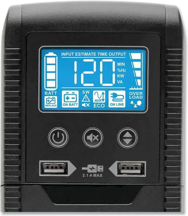 Alt view image 16 of 20 - Tripp Lite 1000 VA 600 Watts ECO-Friendly UPS Battery Backup, AVR Protection, LCD Display, Line-Interactive, 8 Outlets and 2 USB Charging Ports, 120V, Tel Protection (ECO1000LCD)