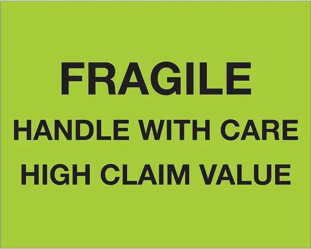 Alt view image 2 of 6 - Tape Logic Labels "Fragile Handle With Care - High Claim Value" 8" x 10" Fluo