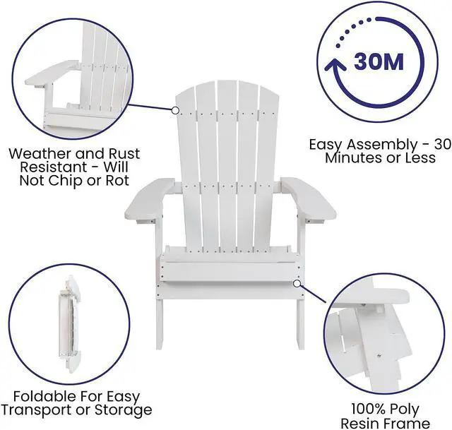 Alt view image 5 of 7 - FLASH FURNITURE 2-JJ-C14505-WH-GG White All-Weather Folding Adirondack Chairs,
