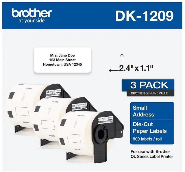 Alt view image 10 of 18 - Brother DK-1209 Small Address Paper Labels 2-4/10" x 1-1/10" Black on White 800 Labels/Roll 3 Rolls/Box (DK-12093PK)