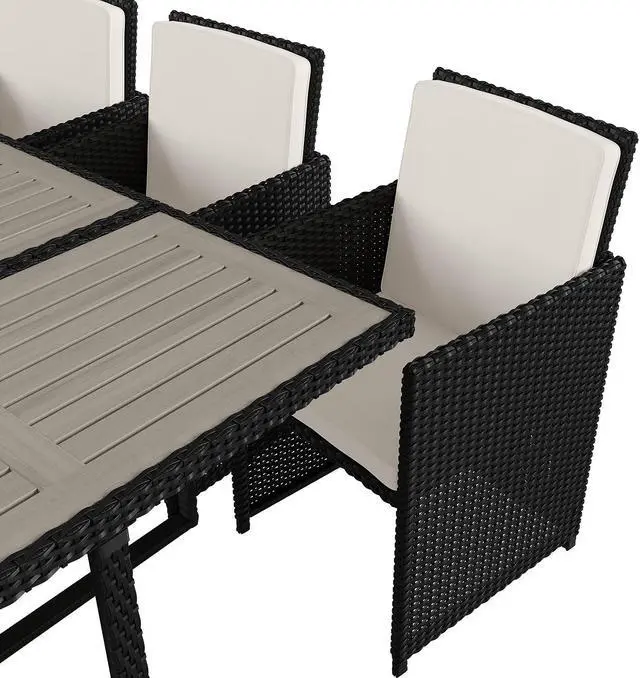 Alt view image 10 of 12 - Peregrine 7 Piece Outdoor Patio Dining Set, Space Saving Black Wicker Modular Chairs-Cream Cushions & Gray Acacia Wood Table Top