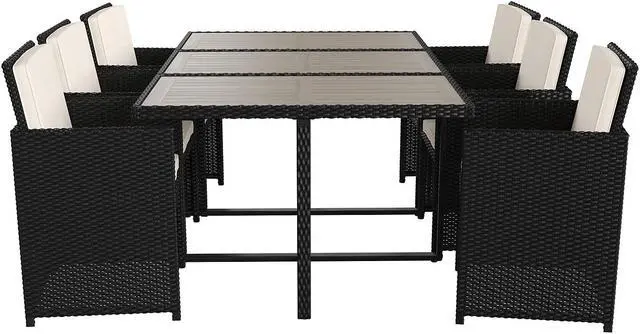 Alt view image 11 of 12 - Peregrine 7 Piece Outdoor Patio Dining Set, Space Saving Black Wicker Modular Chairs-Cream Cushions & Gray Acacia Wood Table Top