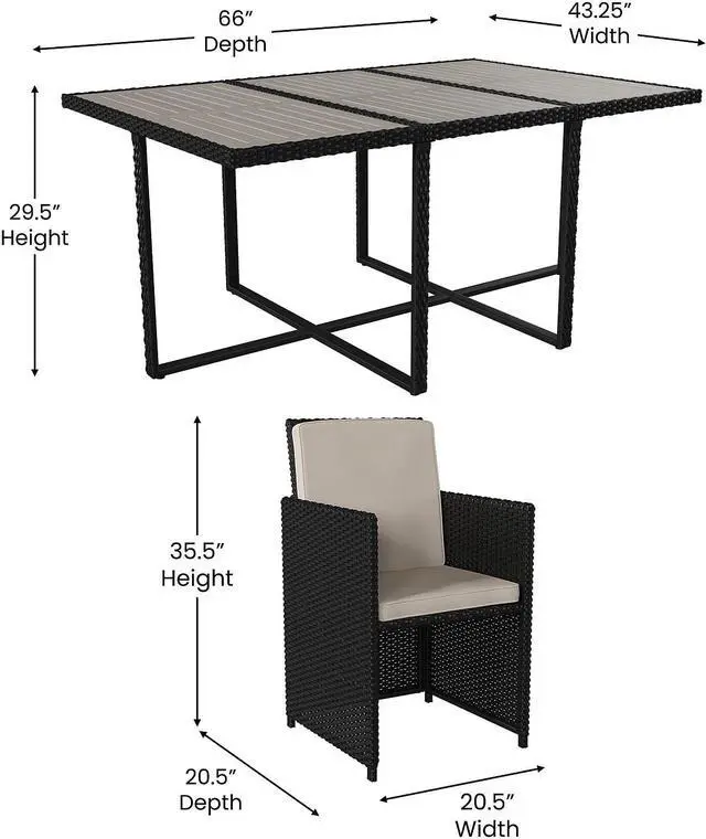 Alt view image 9 of 12 - Peregrine 7 Piece Outdoor Patio Dining Set, Space Saving Black Wicker Modular Chairs-Cream Cushions & Gray Acacia Wood Table Top