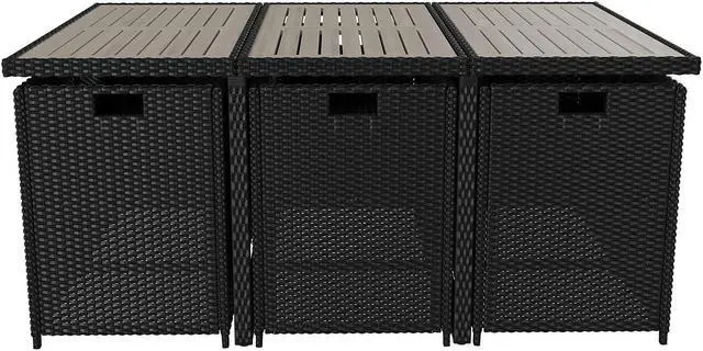 Alt view image 12 of 12 - Peregrine 7 Piece Outdoor Patio Dining Set, Space Saving Black Wicker Modular Chairs-Cream Cushions & Gray Acacia Wood Table Top