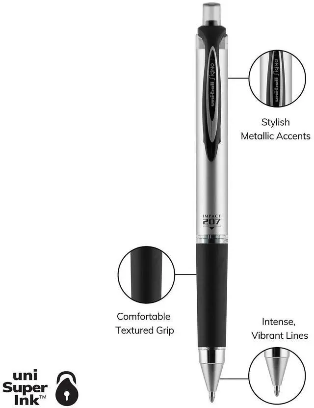 Alt view image 16 of 16 - Uni-Ball 65870 - Gel Impact 207 Retractable Pen 1 mm Pen Point Size - Black Ink - 1 Each