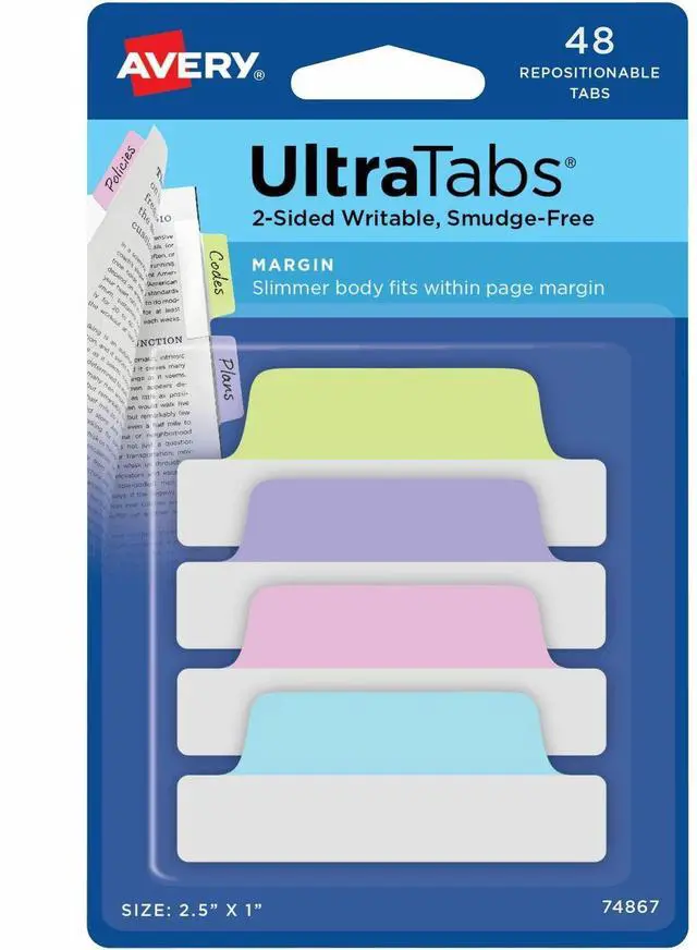 Main image of Avery Tabs Repositionable 2-Sided 2-1/2"x1" 48/PK AST Pastel 74867