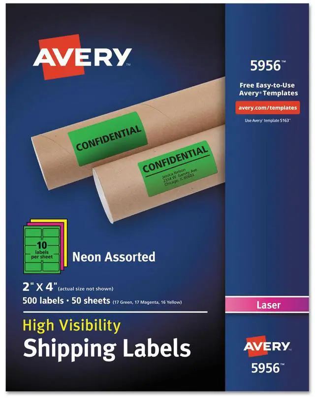 Main image of Avery Neon Shipping Label Laser 2 x 4 Neon Assorted 500/Box 5956