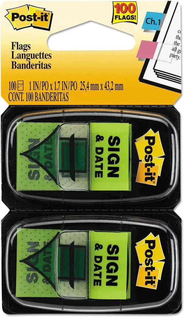 Main image of Post-it Arrow Message 1" Page Flags "Sign and Date" Green 2 50-Flag Dispensers