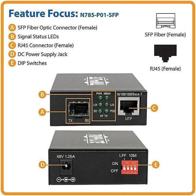 Alt view image 16 of 17 - Tripp Lite Gigabit SFP Fiber to Ethernet Media Converter, POE+ - 10/100/1000 Mbps