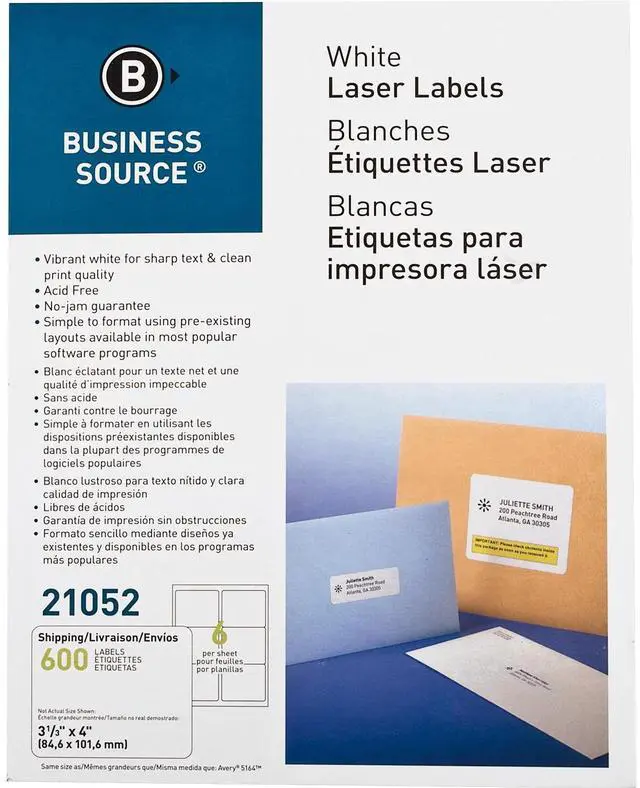 Main image of Business Source Mailing Label Laser 3-1/3"x4" 600/PK White 21052