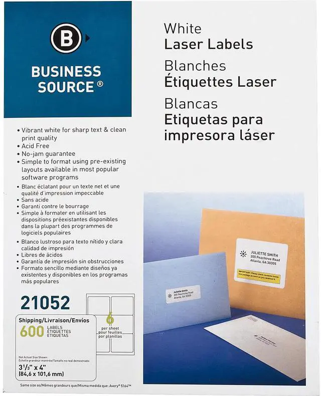 Alt view image 2 of 5 - Business Source Mailing Label Laser 3-1/3"x4" 600/PK White 21052