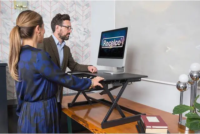 Alt view image 5 of 10 - Rocelco Height Adjustable Standing Desk Riser with Easy Up-Down Handles (Black)